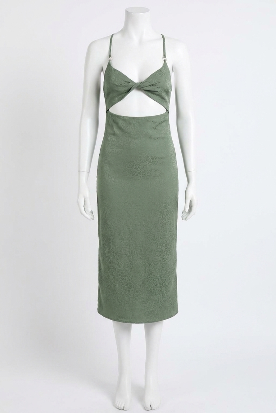 NEW ENDLESS BLU. leopard satin-jacquard twisted cutout midi dress in sage
